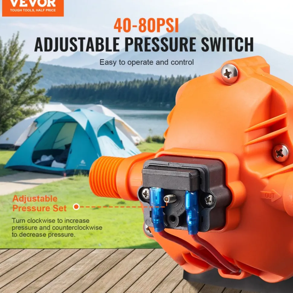 VEVOR 12V Diaphragm Pump, 3.5 GPM (13.25 L/min), 3-Chamber 12 Volt DC Water Pump with Automatic Pressure Switch 40-100 PSI Adjustable, 50 PSI, 1/2'' MNPT Port, for RV Yacht Food Truck Camper Marine