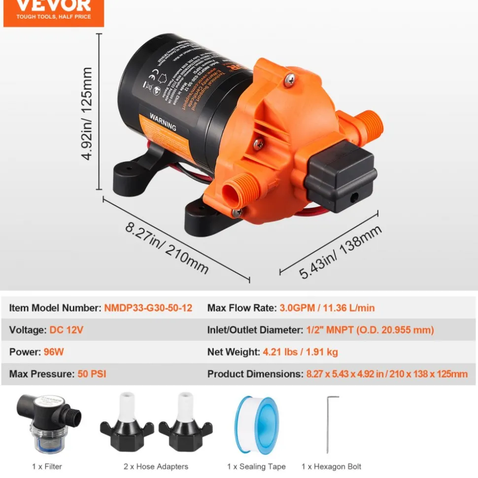 VEVOR 12V Diaphragm Pump, 3 GPM (11.36 L/min), 3-Chamber 12 Volt DC Water Pump with Automatic Pressure Switch 40-100 PSI Adjustable, 50 PSI, 1/2'' MNPT Port, for RV Yacht Food Truck Camper Marine