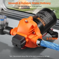 VEVOR 12V Diaphragm Pump, 3 GPM (11.36 L/min), 3-Chamber 12 Volt DC Water Pump with Automatic Pressure Switch 40-100 PSI Adjustable, 50 PSI, 1/2'' MNPT Port, for RV Yacht Food Truck Camper Marine