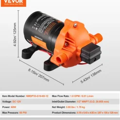 VEVOR 12V Diaphragm Pump, 1.8 GPM (6.81 L/min), 3-Chamber 12 Volt DC Water Pump with Automatic Pressure Switch 40-100 PSI Adjustable, 60 PSI, 1/2'' MNPT Port, for RV Yacht Food Truck Camper Marine