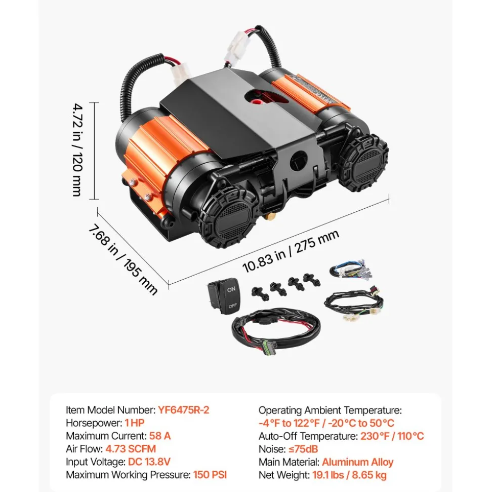 VEVOR 12V Dual-Cylinder Air Compressor 1HP 4.73 SCFM Portable Tire Inflator, Max 150PSI Heavy Duty Offroad Air Pump with Differential Lock Harness for Pickup Trucks SUVs Off-Road Vehicles