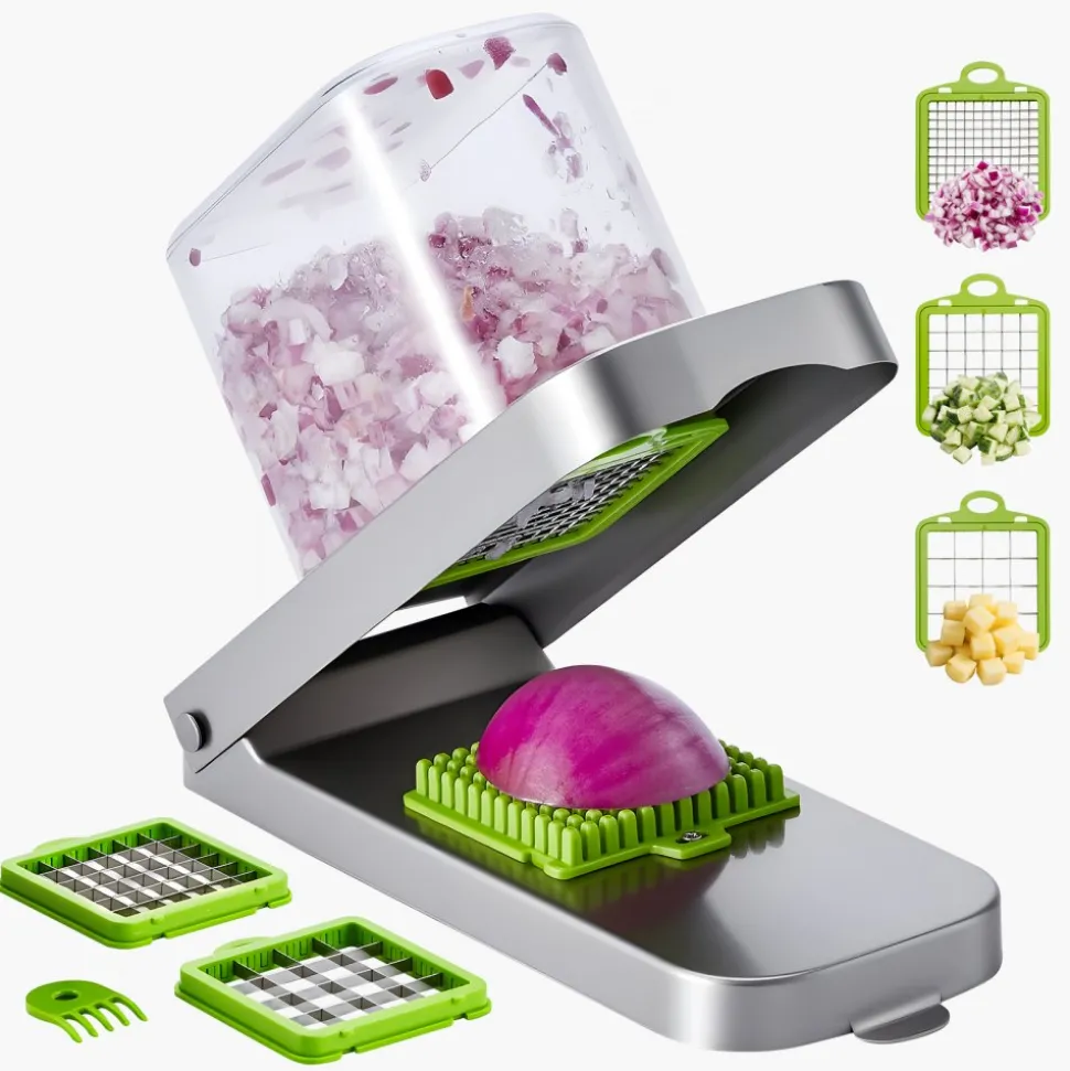 VEVOR Vegetable Chopper, Food Veggie Cutter with 3 Stainless Steel Blades, Onion Slicer with Container, Salad Potato Dicer Kitchen Gadgets & Essentials Home Appliances Tools for Easy DIY, Silver