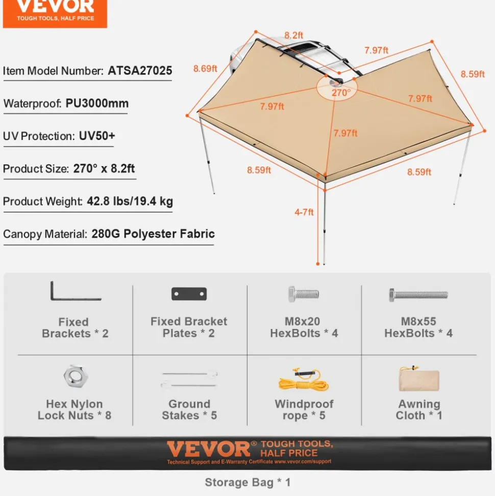 VEVOR Vehicle Awning 270 Degree, 8.2' Height Retractable Car Side Awning, PU3000mm UV50+ Car Awning with Waterproof Storage Bag, Suitable for Truck, SUV, Van, Campers