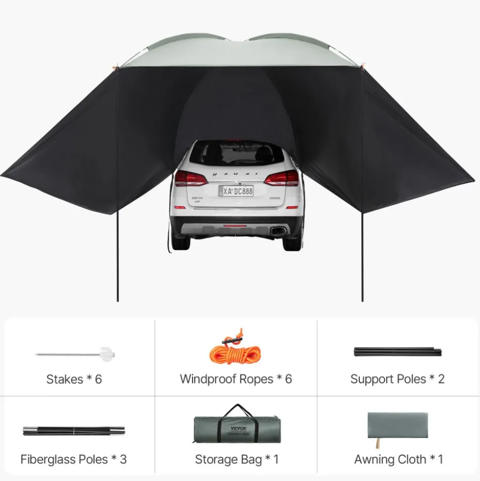 VEVOR Vehicle Awning, Large 10' x 7' Shade Coverage Car Side Awning, PU2000mm UV50+ Car Awning with Extended Side Canopies and Portable Storage Bag, Suitable for Truck, SUV, Van, Campers
