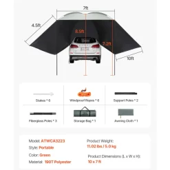 VEVOR Vehicle Awning, Large 10' x 7' Shade Coverage Car Side Awning, PU2000mm UV50+ Car Awning with Extended Side Canopies and Portable Storage Bag, Suitable for Truck, SUV, Van, Campers