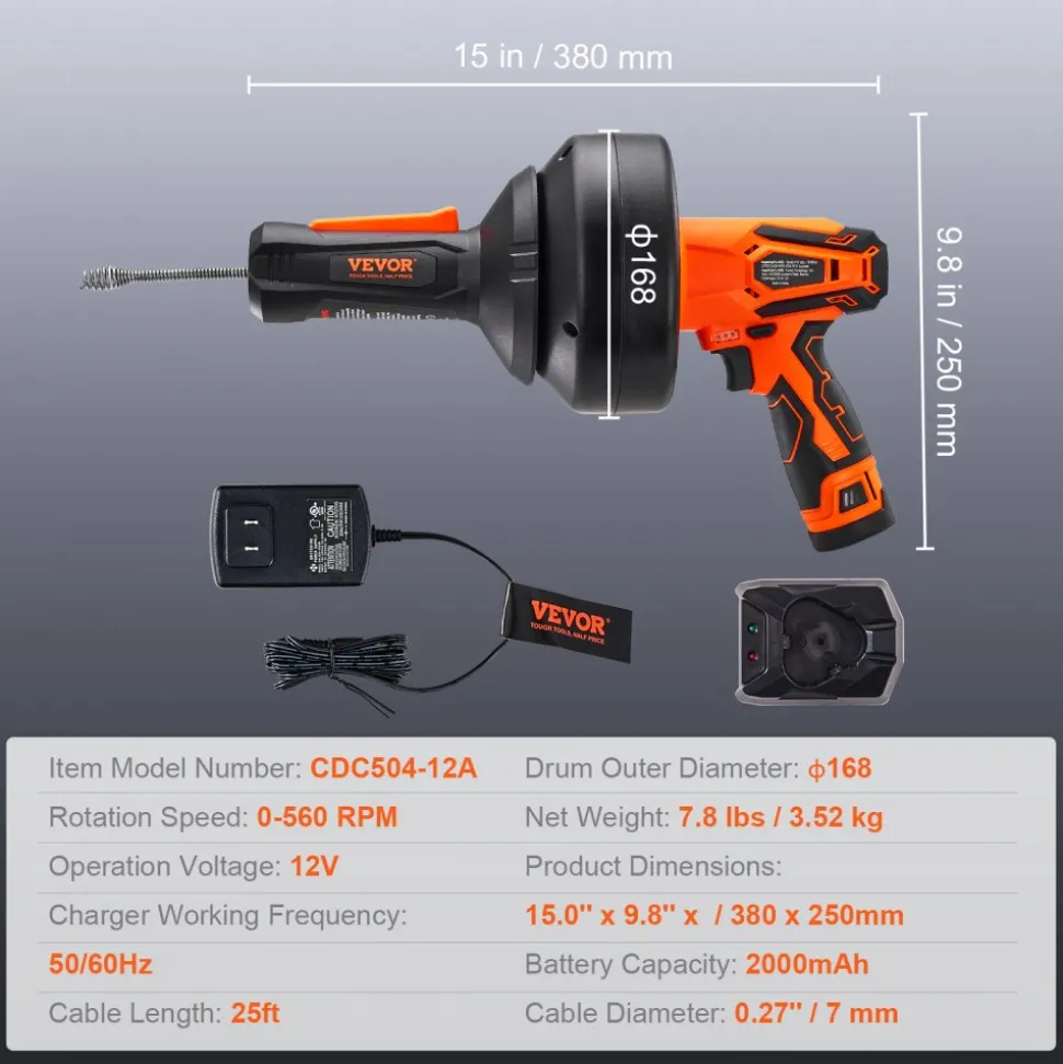 VEVOR 12V Electric Drain Auger, 25FT Cordless Plumbing Snake Auto Feed, Pipeline Snake Drain Clog Remover with Power Drill for 3/4"-2" Pipes, 2.0Ah Battery and Charger Included