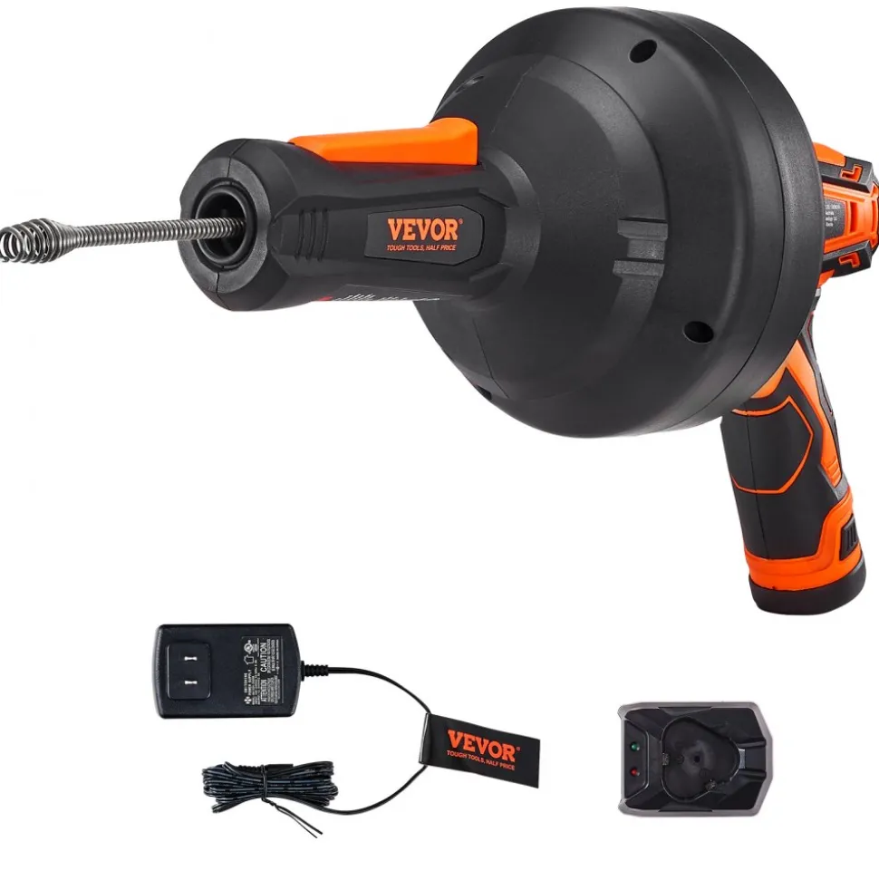 VEVOR 12V Electric Drain Auger, 25FT Cordless Plumbing Snake Auto Feed, Pipeline Snake Drain Clog Remover with Power Drill for 3/4"-2" Pipes, 2.0Ah Battery and Charger Included