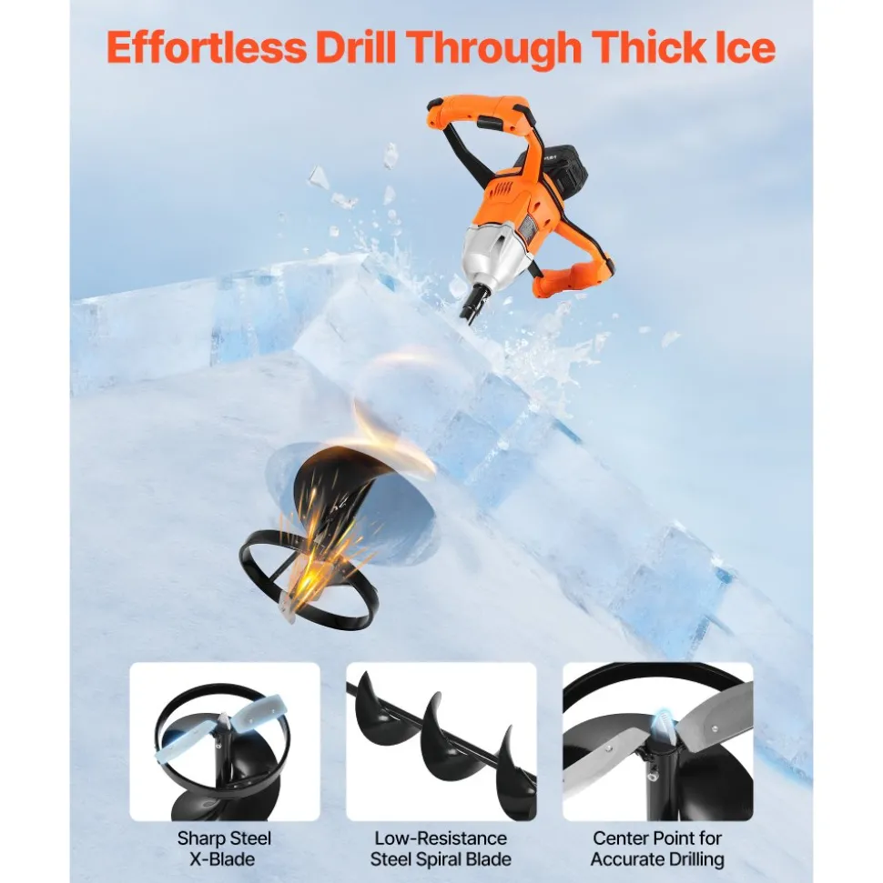 VEVOR 20V Electric Ice Auger, 8 inch Diameter, 2 in 1 Cordless Ice Fishing Augers and Earth Auger with Ices & Earth Drill Bit, Cold-Resistant Post Hole Digger, Turbo High-Speed Cutting System