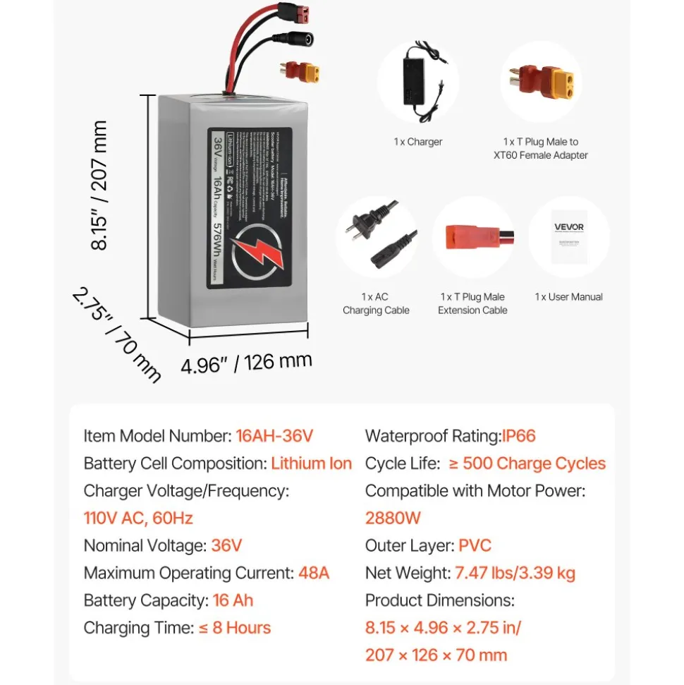 VEVOR 36V Electric Scooter Battery, 16Ah, Ebike Lithium Battery Pack with 30A BMS, Charger, T-Plug Expansion Cable, 500+ Cycles, Compatible with 2880W Motors, for Electric Bikes Bicycles, Scooters