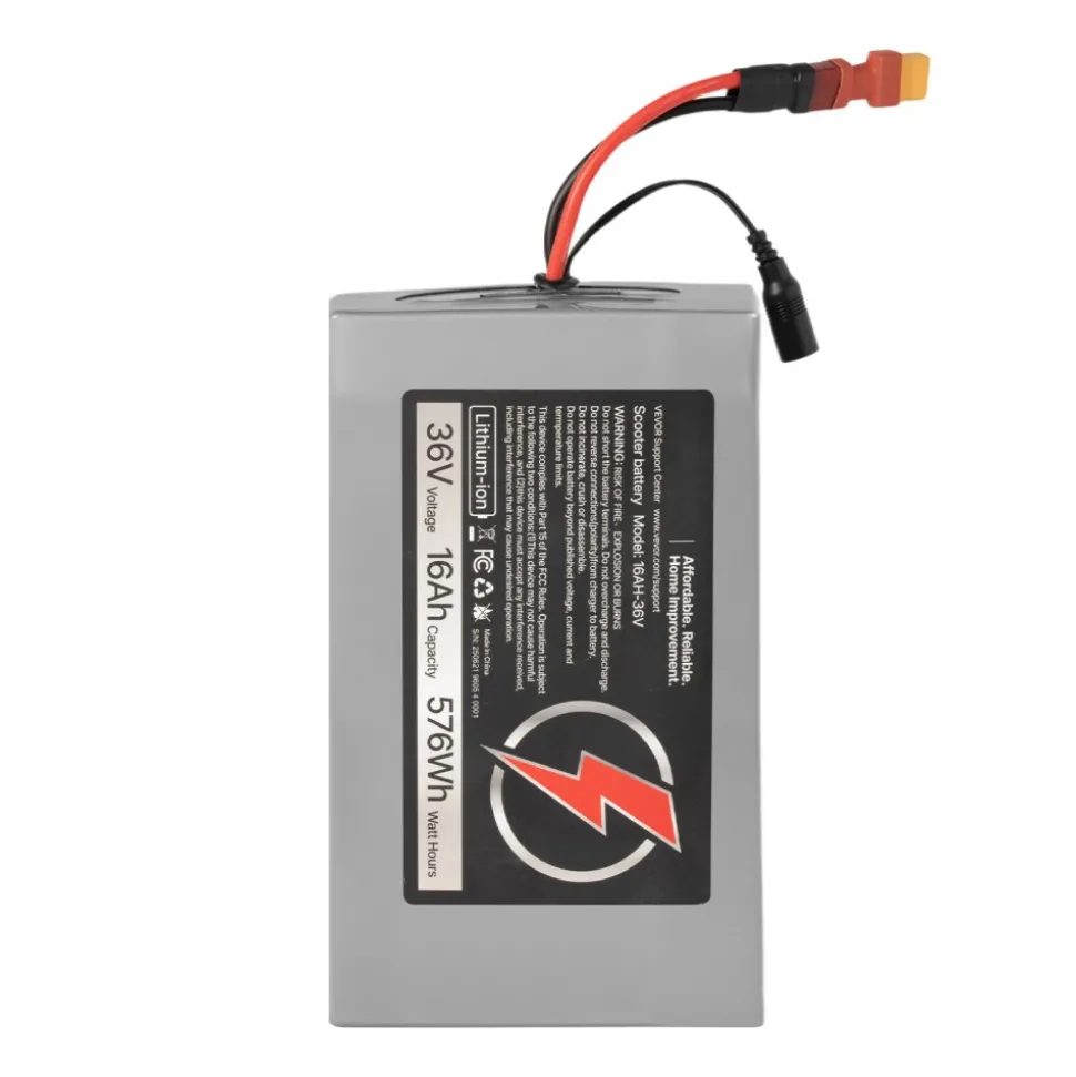 VEVOR 36V Electric Scooter Battery, 16Ah, Ebike Lithium Battery Pack with 30A BMS, Charger, T-Plug Expansion Cable, 500+ Cycles, Compatible with 2880W Motors, for Electric Bikes Bicycles, Scooters