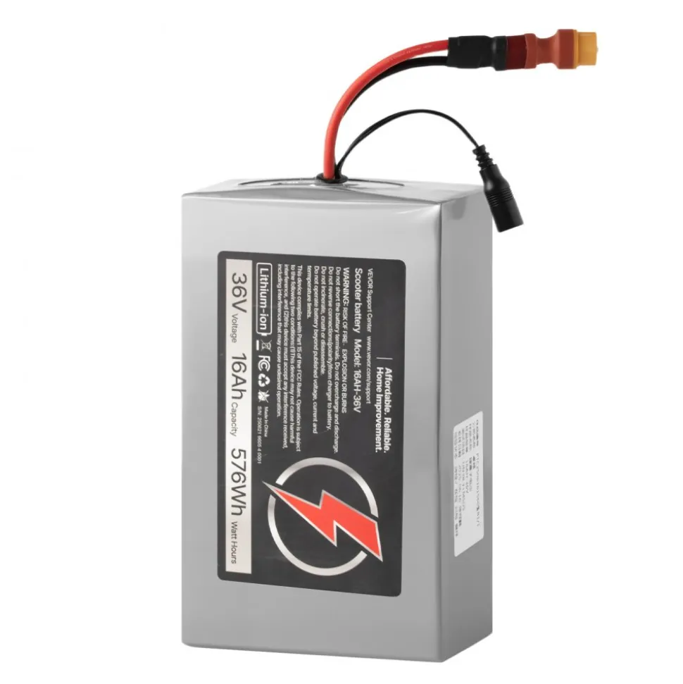VEVOR 36V Electric Scooter Battery, 16Ah, Ebike Lithium Battery Pack with 30A BMS, Charger, T-Plug Expansion Cable, 500+ Cycles, Compatible with 2880W Motors, for Electric Bikes Bicycles, Scooters