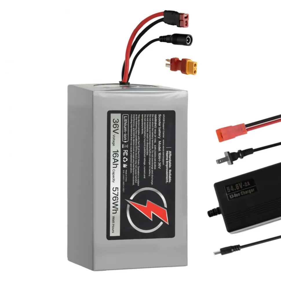 VEVOR 36V Electric Scooter Battery, 16Ah, Ebike Lithium Battery Pack with 30A BMS, Charger, T-Plug Expansion Cable, 500+ Cycles, Compatible with 2880W Motors, for Electric Bikes Bicycles, Scooters
