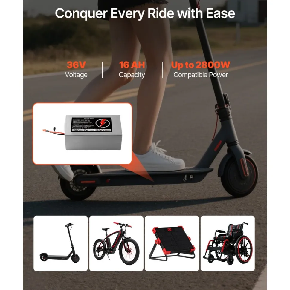 VEVOR 36V Electric Scooter Battery, 16Ah, Ebike Lithium Battery Pack with 30A BMS, Charger, T-Plug Expansion Cable, 500+ Cycles, Compatible with 2880W Motors, for Electric Bikes Bicycles, Scooters