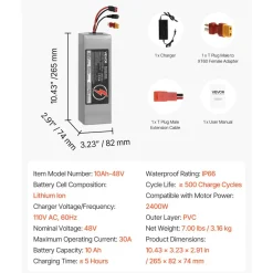 VEVOR 48V Electric Scooter Battery, 10Ah, Ebike Lithium Battery Pack with 30A BMS, Charger, T-Plug Expansion Cable, 500+ Cycles, Compatible with 2400W Motors, for Electric Bikes Bicycles, Scooters