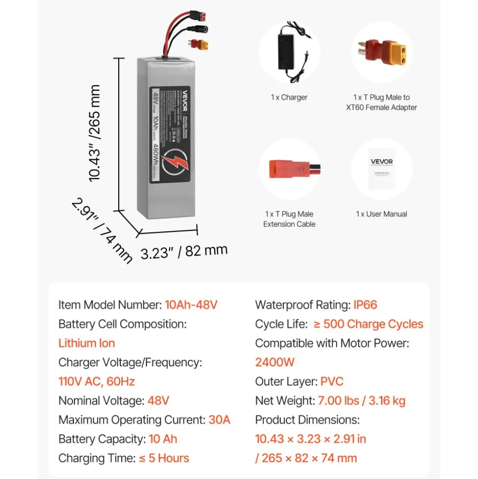 VEVOR 48V Electric Scooter Battery, 10Ah, Ebike Lithium Battery Pack with 30A BMS, Charger, T-Plug Expansion Cable, 500+ Cycles, Compatible with 2400W Motors, for Electric Bikes Bicycles, Scooters