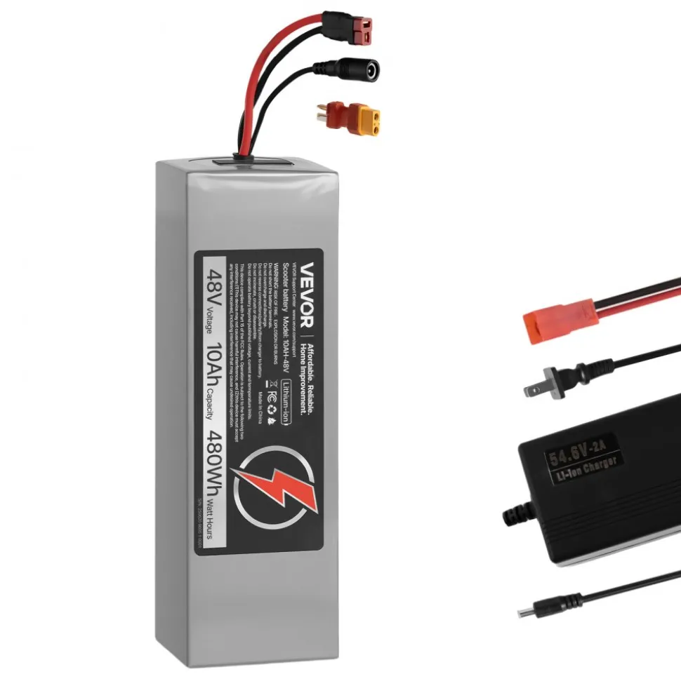 VEVOR 48V Electric Scooter Battery, 10Ah, Ebike Lithium Battery Pack with 30A BMS, Charger, T-Plug Expansion Cable, 500+ Cycles, Compatible with 2400W Motors, for Electric Bikes Bicycles, Scooters