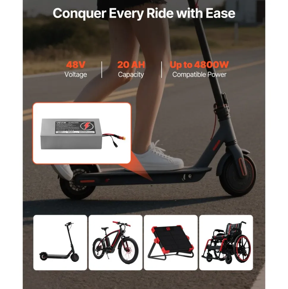 VEVOR 48V Electric Scooter Battery, 20Ah, Ebike Lithium Battery Pack with 30A BMS, Charger, T-Plug Expansion Cable, 500+ Cycles, Compatible with 4800W Motors, for Electric Bikes Bicycles, Scooters