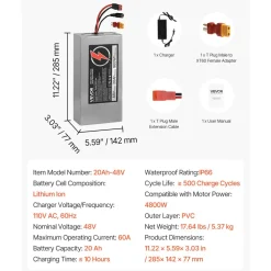 VEVOR 48V Electric Scooter Battery, 20Ah, Ebike Lithium Battery Pack with 30A BMS, Charger, T-Plug Expansion Cable, 500+ Cycles, Compatible with 4800W Motors, for Electric Bikes Bicycles, Scooters