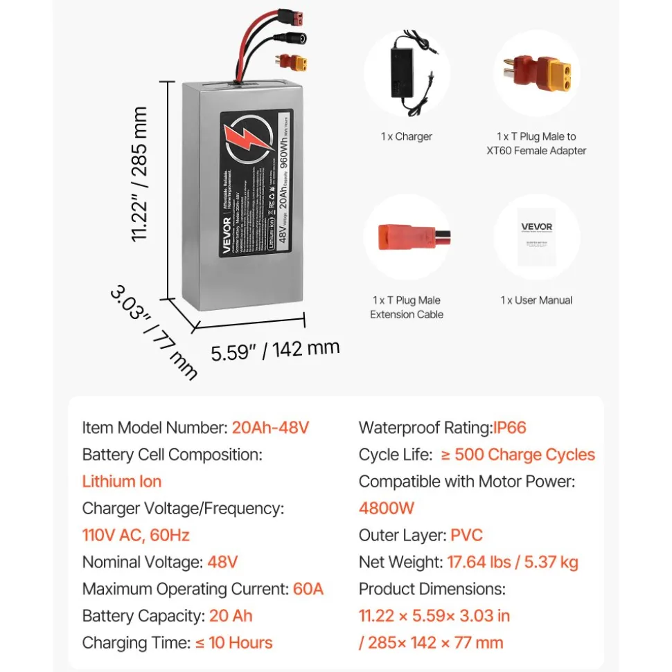 VEVOR 48V Electric Scooter Battery, 20Ah, Ebike Lithium Battery Pack with 30A BMS, Charger, T-Plug Expansion Cable, 500+ Cycles, Compatible with 4800W Motors, for Electric Bikes Bicycles, Scooters