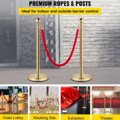 VEVOR Velvet Ropes and Posts, 5 ft/1.5 m Red Rope, Stainless Steel Gold Stanchion with Ball Top, Red Crowd Control Barrier Used for Theaters, Party, Wedding, Exhibition, Ticket Offices 4 packSets