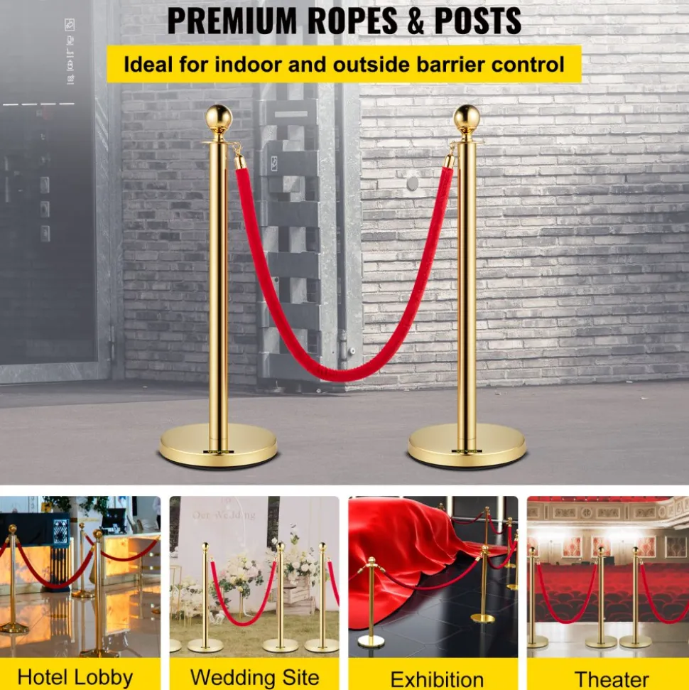 VEVOR Velvet Ropes and Posts, 5 ft/1.5 m Red Rope, Stainless Steel Gold Stanchion with Ball Top, Red Crowd Control Barrier Used for Theaters, Party, Wedding, Exhibition, Ticket Offices 4 packSets