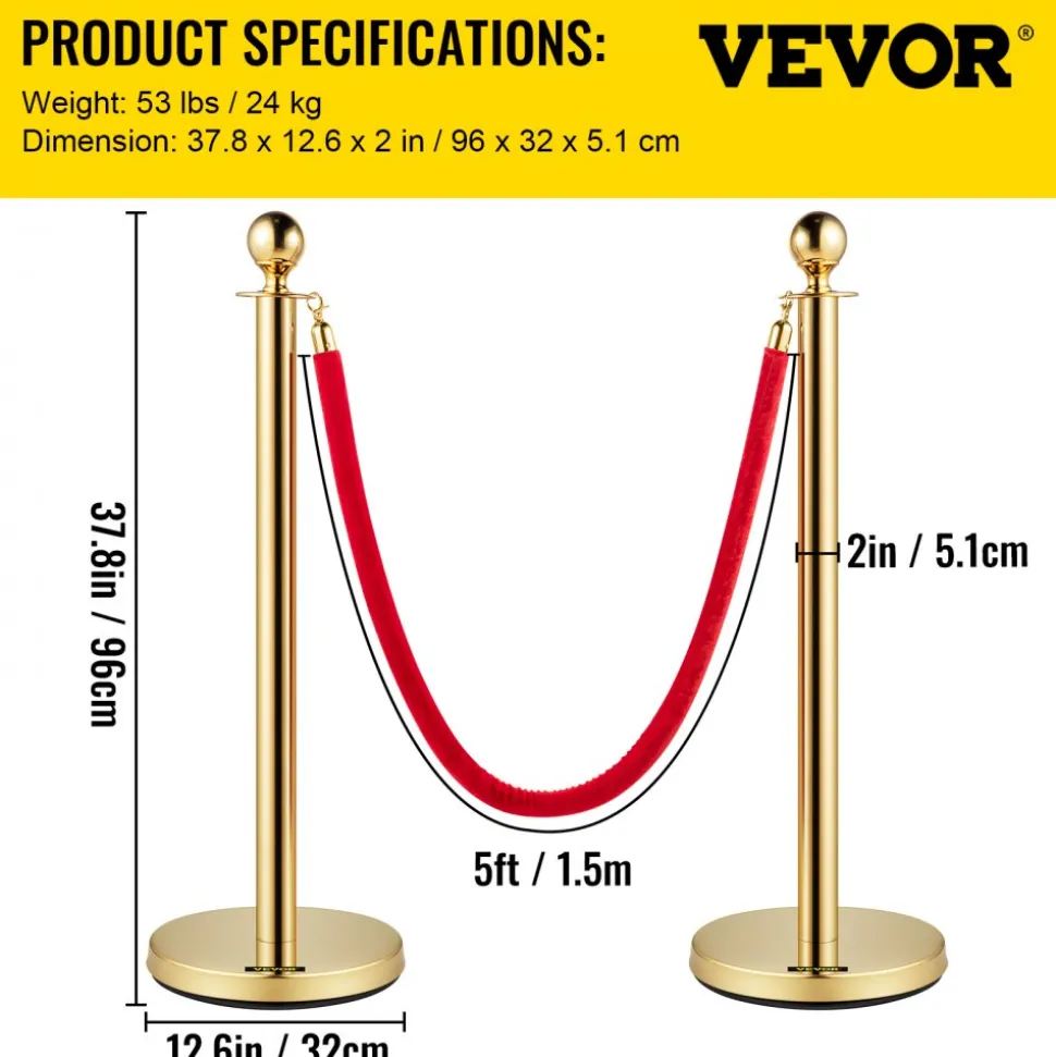 VEVOR Velvet Ropes and Posts, 5 ft/1.5 m Red Rope, Stainless Steel Gold Stanchion with Ball Top, Red Crowd Control Barrier Used for Theaters, Party, Wedding, Exhibition, Ticket Offices 4 packSets