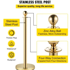 VEVOR Velvet Ropes and Posts, 5 ft/1.5 m Red Rope, Stainless Steel Gold Stanchion with Ball Top, Red Crowd Control Barrier Used for Theaters, Party, Wedding, Exhibition, Ticket Offices 2 Pack Sets