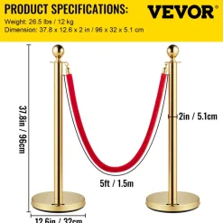 VEVOR Velvet Ropes and Posts, 5 ft/1.5 m Red Rope, Stainless Steel Gold Stanchion with Ball Top, Red Crowd Control Barrier Used for Theaters, Party, Wedding, Exhibition, Ticket Offices 2 Pack Sets