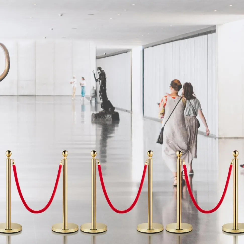 VEVOR Velvet Ropes and Posts, 5 ft/1.5 m Red Rope, Stainless Steel Gold Stanchion with Ball Top, Red Crowd Control Barrier Used for Theaters, Party, Wedding, Exhibition, Ticket Offices Pack Sets (6)