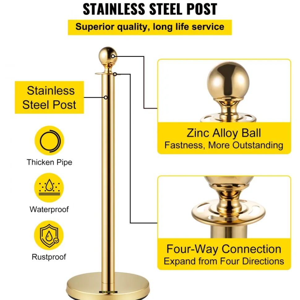 VEVOR Velvet Ropes and Posts, 5 ft/1.5 m Red Rope, Stainless Steel Gold Stanchion with Ball Top, Red Crowd Control Barrier Used for Theaters, Party, Wedding, Exhibition, Ticket Offices Pack Sets (6)