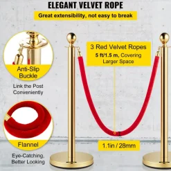 VEVOR Velvet Ropes and Posts, 5 ft/1.5 m Red Rope, Stainless Steel Gold Stanchion with Ball Top, Red Crowd Control Barrier Used for Theaters, Party, Wedding, Exhibition, Ticket Offices Pack Sets (6)
