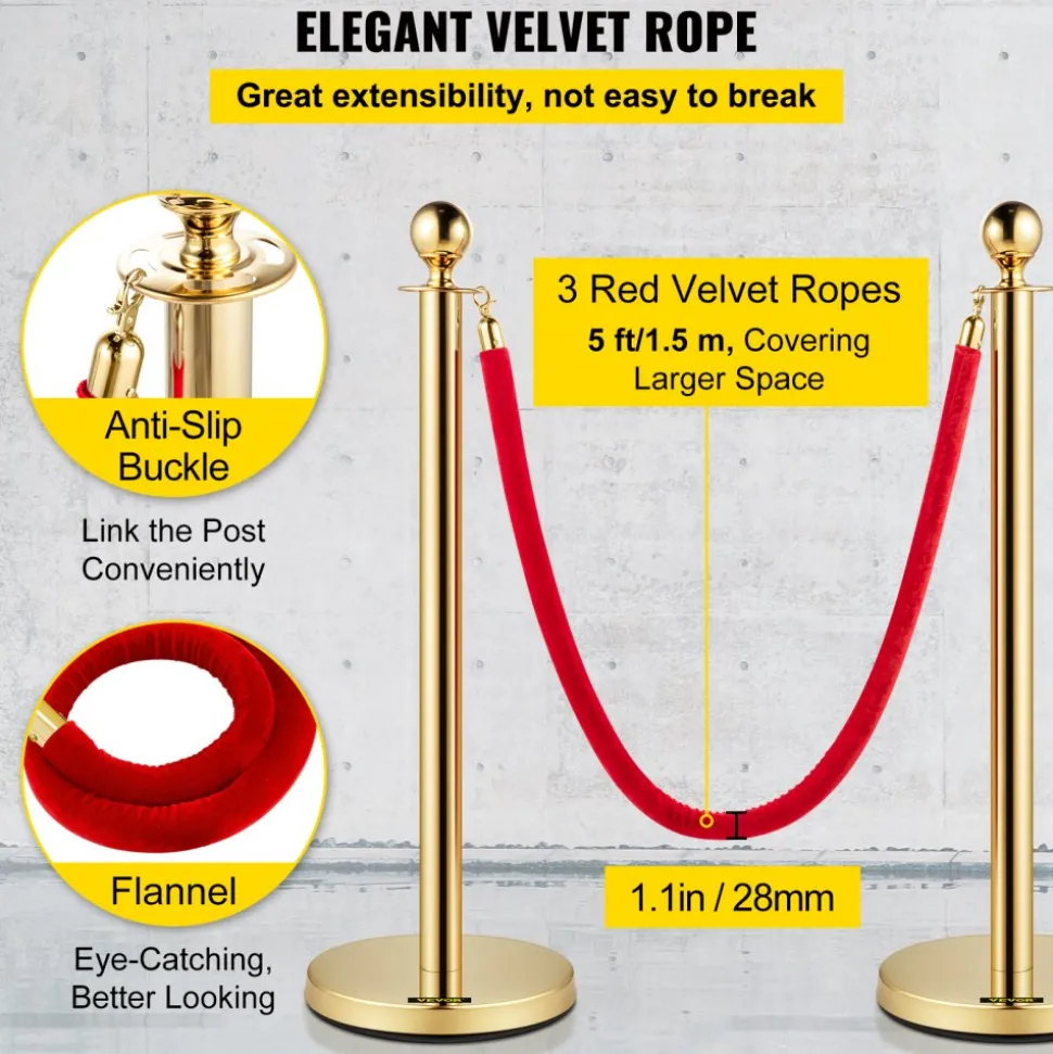 VEVOR Velvet Ropes and Posts, 5 ft/1.5 m Red Rope, Stainless Steel Gold Stanchion with Ball Top, Red Crowd Control Barrier Used for Theaters, Party, Wedding, Exhibition, Ticket Offices Pack Sets (6)
