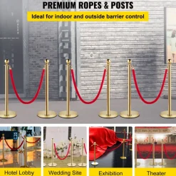 VEVOR Velvet Ropes and Posts, 5 ft/1.5 m Red Rope, Stainless Steel Gold Stanchion with Ball Top, Red Crowd Control Barrier Used for Theaters, Party, Wedding, Exhibition, Ticket Offices Pack Sets (6)