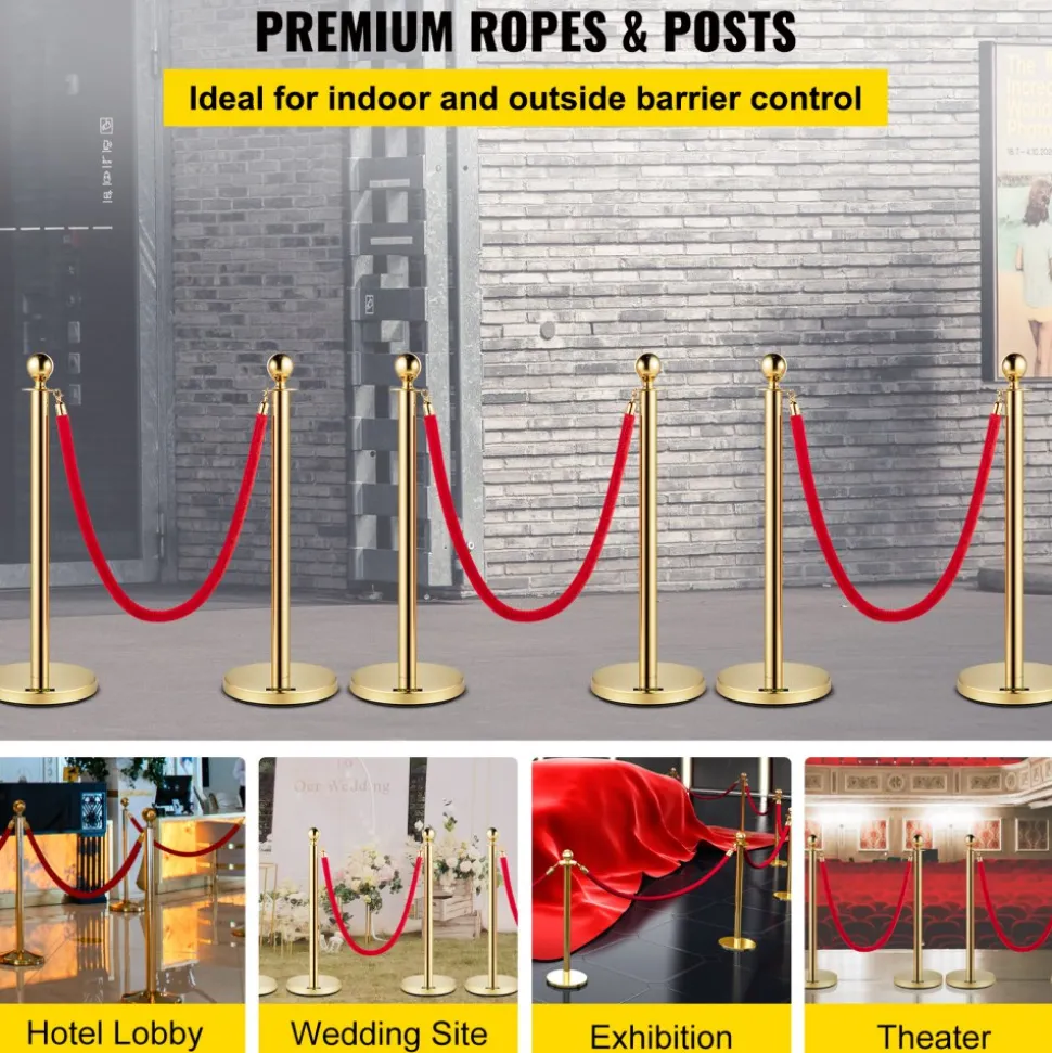 VEVOR Velvet Ropes and Posts, 5 ft/1.5 m Red Rope, Stainless Steel Gold Stanchion with Ball Top, Red Crowd Control Barrier Used for Theaters, Party, Wedding, Exhibition, Ticket Offices Pack Sets (6)