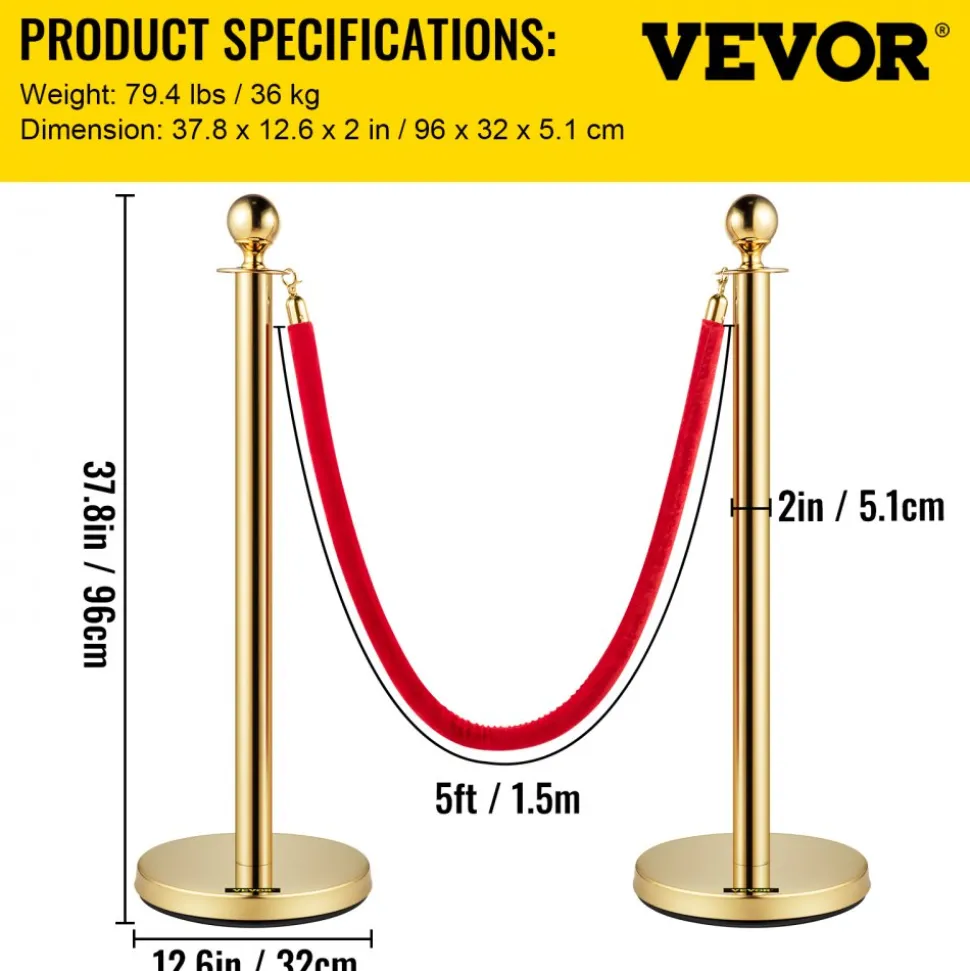 VEVOR Velvet Ropes and Posts, 5 ft/1.5 m Red Rope, Stainless Steel Gold Stanchion with Ball Top, Red Crowd Control Barrier Used for Theaters, Party, Wedding, Exhibition, Ticket Offices Pack Sets (6)