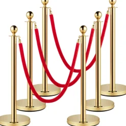 VEVOR Velvet Ropes and Posts, 5 ft/1.5 m Red Rope, Stainless Steel Gold Stanchion with Ball Top, Red Crowd Control Barrier Used for Theaters, Party, Wedding, Exhibition, Ticket Offices Pack Sets (6)