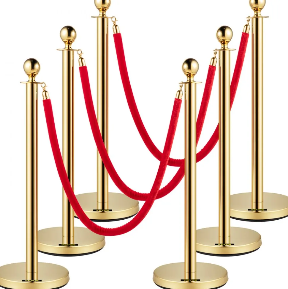 VEVOR Velvet Ropes and Posts, 5 ft/1.5 m Red Rope, Stainless Steel Gold Stanchion with Ball Top, Red Crowd Control Barrier Used for Theaters, Party, Wedding, Exhibition, Ticket Offices Pack Sets (6)