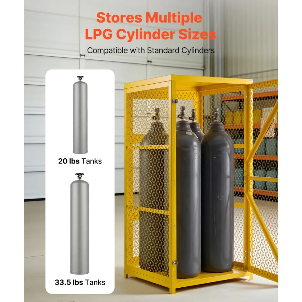 VEVOR Vertical Cylinder Storage Cabinet, 31"L x 30"W x 65"H, 9 Cylinder Capacity, Propane Storage Cage with Chain, Lock and Keys, Yellow Powder-Coated Carbon Steel, for Propane, Oxygen, Nitrogen
