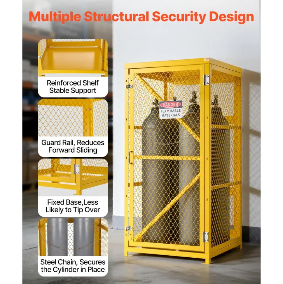 VEVOR Vertical Cylinder Storage Cabinet, 31"L x 30"W x 65"H, 9 Cylinder Capacity, Propane Storage Cage with Chain, Lock and Keys, Yellow Powder-Coated Carbon Steel, for Propane, Oxygen, Nitrogen