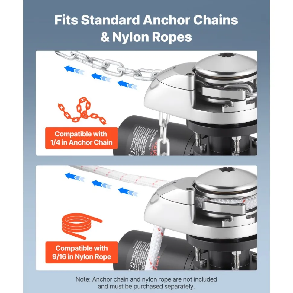 VEVOR Vertical Fishing Windlass, 12V DC 1100W, Windlass Anchor Systems Fit for 1/4-Inch Chain or 9/16 & 5/8 Inch Nylon Rope, Max Pull 700 lbs, 316 Stainless Steel Construction, for Boats 20-36 ft