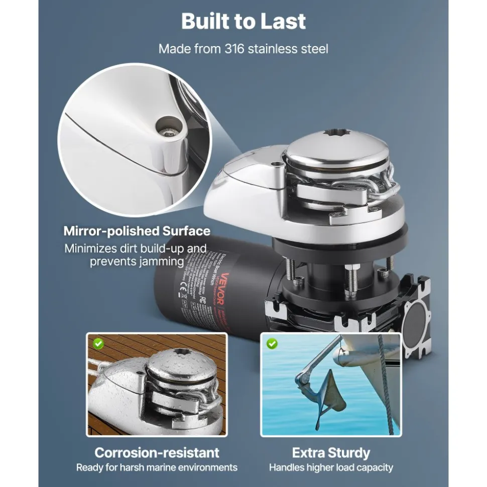 VEVOR Vertical Fishing Windlass, 12V DC 1100W, Windlass Anchor Systems Fit for 1/4-Inch Chain or 9/16 & 5/8 Inch Nylon Rope, Max Pull 700 lbs, 316 Stainless Steel Construction, for Boats 20-36 ft