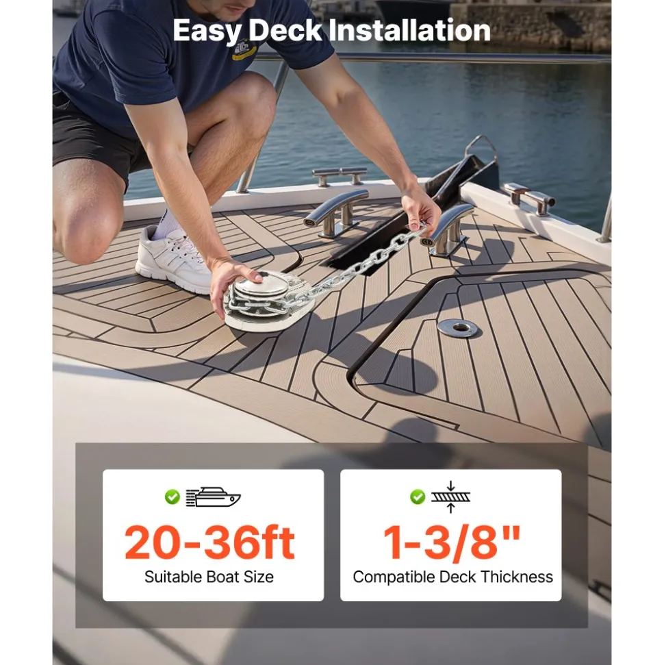VEVOR Vertical Fishing Windlass, 12V DC 1100W, Windlass Anchor Systems Fit for 1/4-Inch Chain or 9/16 & 5/8 Inch Nylon Rope, Max Pull 700 lbs, 316 Stainless Steel Construction, for Boats 20-36 ft