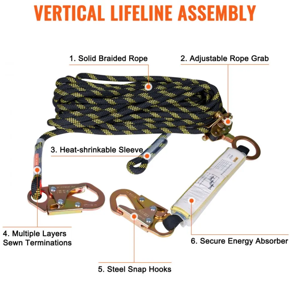 VEVOR Vertical Lifeline Assembly, 0.55'' x 50' Fall Protection Rope with 30 KN Breaking Tension, Polyester Roofing Rope with Steel Snap Hooks, Rope Grab, and Shock Absorber, ANSI Compliant
