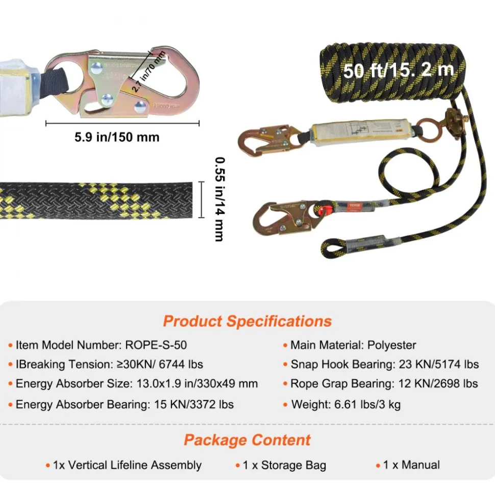 VEVOR Vertical Lifeline Assembly, 0.55'' x 50' Fall Protection Rope with 30 KN Breaking Tension, Polyester Roofing Rope with Steel Snap Hooks, Rope Grab, and Shock Absorber, ANSI Compliant