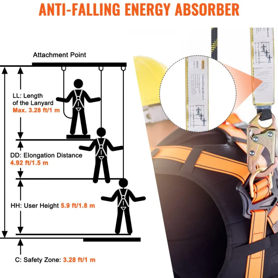VEVOR Vertical Lifeline Assembly, 0.55'' x 50' Fall Protection Rope with 30 KN Breaking Tension, Polyester Roofing Rope with Steel Snap Hooks, Rope Grab, and Shock Absorber, ANSI Compliant