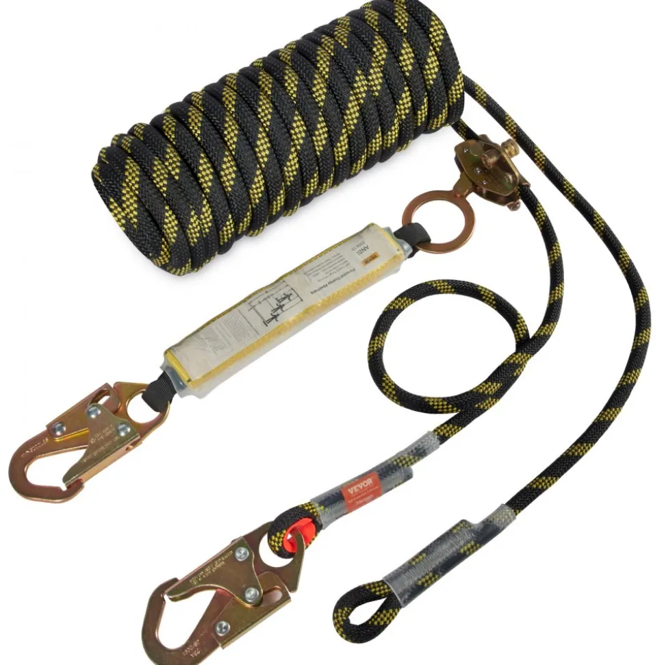 VEVOR Vertical Lifeline Assembly, 0.55'' x 50' Fall Protection Rope with 30 KN Breaking Tension, Polyester Roofing Rope with Steel Snap Hooks, Rope Grab, and Shock Absorber, ANSI Compliant
