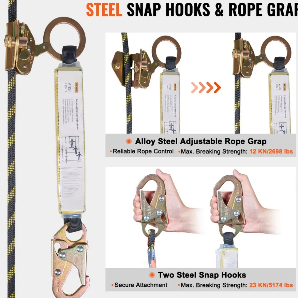 VEVOR Vertical Lifeline Assembly, 0.55'' x 50' Fall Protection Rope with 30 KN Breaking Tension, Polyester Roofing Rope with Steel Snap Hooks, Rope Grab, and Shock Absorber, ANSI Compliant