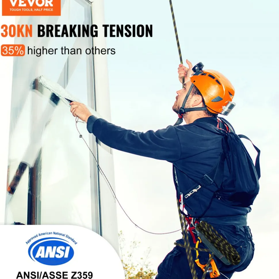 VEVOR Vertical Lifeline Assembly, 0.55'' x 50' Fall Protection Rope with 30 KN Breaking Tension, Polyester Roofing Rope with Steel Snap Hooks, Rope Grab, and Shock Absorber, ANSI Compliant