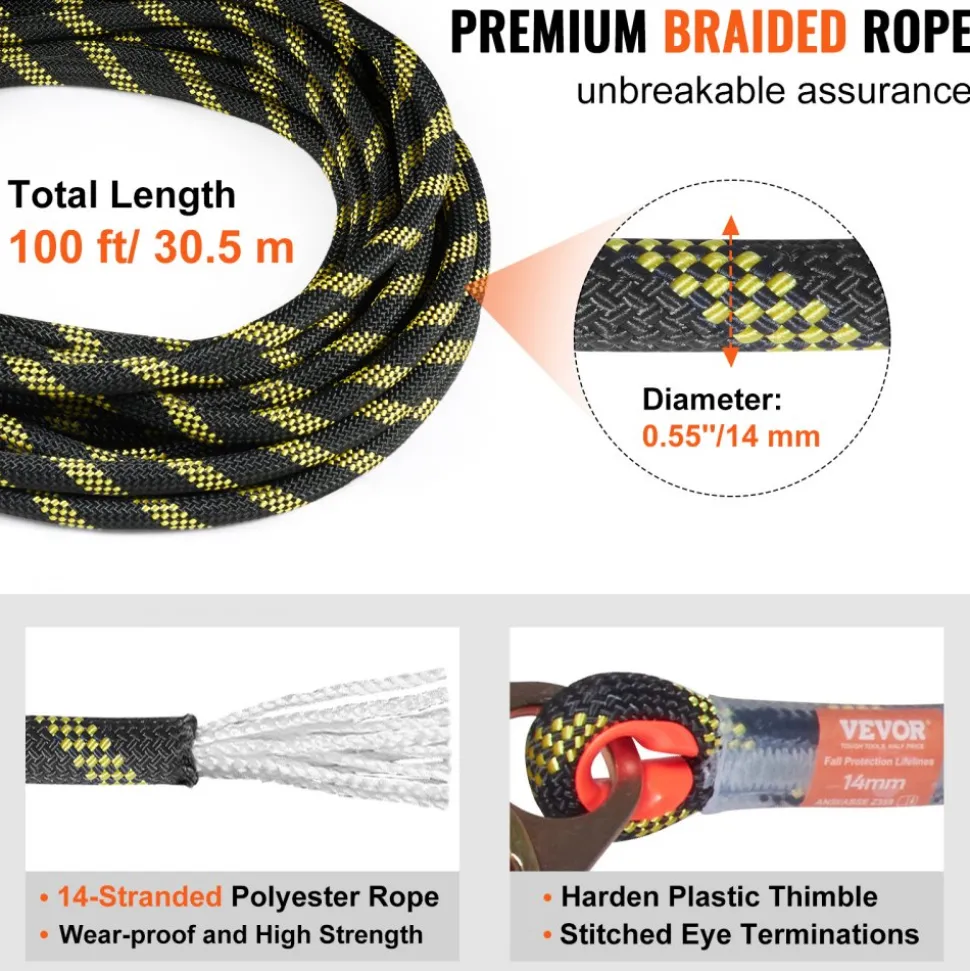 VEVOR Vertical Lifeline Assembly, 0.55'' x 100' Fall Protection Rope with 30 KN Breaking Tension, Polyester Roofing Rope with Steel Snap Hooks, Rope Grab, and Shock Absorber, ANSI Compliant