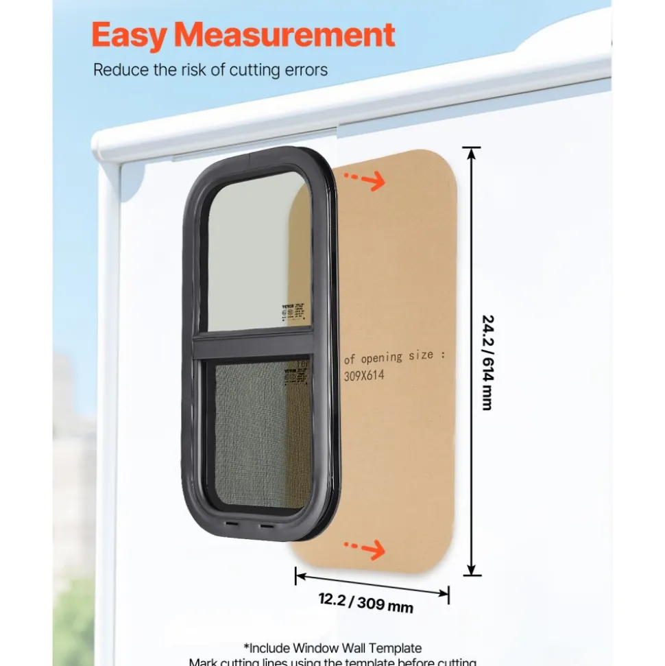 VEVOR Vertical RV Window, 12" W x 24" H Tinted Sliding RV Window with Net Screen & Trim Ring, Fit 15/16" - 1 3/4" Thickness Wall, RV Window Replacement for Teardrop Cargo Trailer Camper, DOT Approved